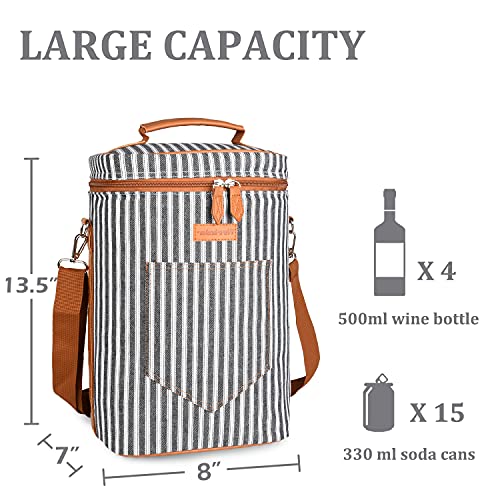 Tirrinia 4 Bottle Wine Gift carrier - Insulated & Padded Portable Versatile Wine Carrying Cooler Tote Bag for Travel, BYOB Restaurant, Wine Tasting, Party, Great Gift for Wine Lover, Black Stripe - color: Black Stripe, size: 4 Bottle-without front pocket