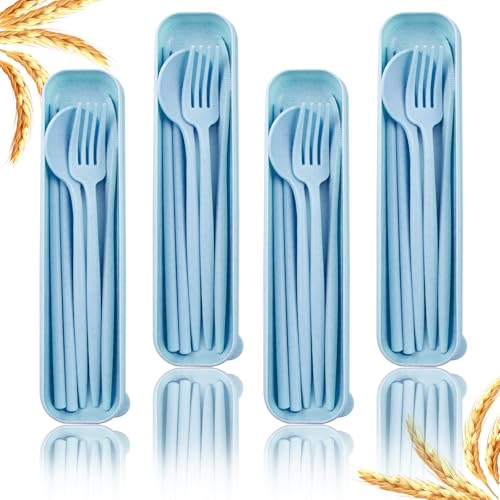 4 Sets Reusable Utensils Set with Case,Camping Cutlery Set Travel Silverware Set with Case Lunch Utensils Set for Work,Utensil Sets for Lunch Picnic Daily Use Outdoor (Lightblue) - color: Lightblue
