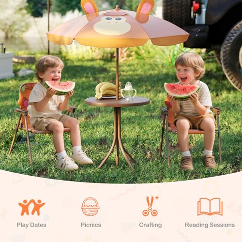 KOTEK Kids Picnic Table with Umbrella, Outdoor Table & 2 Folding Chairs, Cute Pattern Children’s Patio Furniture, Portable Kids Table and Chair Set for Backyard, Garden, Beach (Brown) - color: Brown Monkey