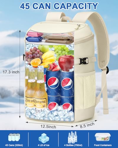 Pritent Cooler Backpack for Men Women Insulated Waterproof Backpack Cooler Leak Proof Cooler Bag Lightweight Lunch Backpack for Camping Beach Travel Picnic - color: Beige, size: 45 Cans