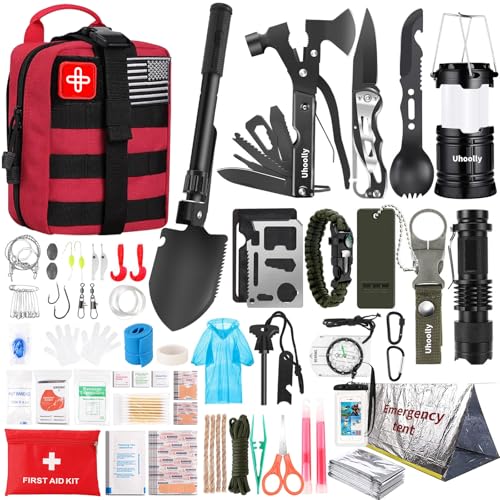 Survival Kit, Gifts for Men Women Teen Boys, 252 pcs Survival Gear and Equipment Mini First Aid Kit for Car Home, Emergency Kit with Molle System for Earthquake, Outdoor Adventure, Car Travel - style: 252pcs-red