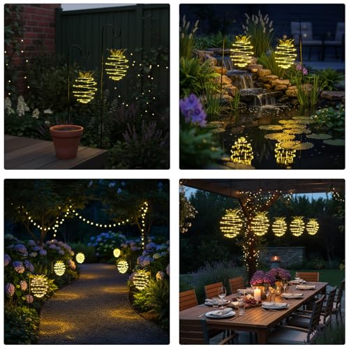 2 Pack Waterproof Solar Lanterns Outdoor, 60LED Hanging Lights with Pineapple Pattern, Solar Garden Lights Outdoor for Patio Yard Decor, Gift for Grandma Gardeners Women - color: Yellow-Pineapple