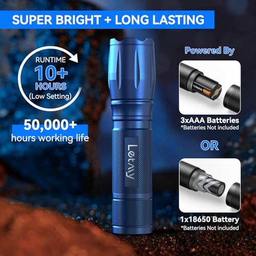 LETMY Tactical Flashlight - 2 Pack LED Flashlights High Lumens - Portable Handheld Flash Light, 5 Modes Zoomable Waterproof Flashlights for Home Emergency Camping- Blue - color: Blue, size: 2 Pack