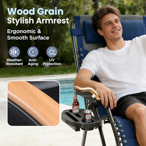 PHI VILLA XXL Oversized Padded Zero Gravity Chair, Foldable Patio Recliner, 30" Wide Seat Anti Gravity Lounger with Cup Holder, Support 400 LBS (Thumb Blue) - color: Blue, style: 1 Pcs