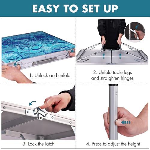 VILLEY Folding Camping Table 4FT, Large Portable Aluminum Table with Adjustable Height, Foldable Lightweight Picnic Table with Carry Handle for Camping, BBQ, Outdoor & Indoor Activities - size: 47.2" x 23.6"(3 Height)