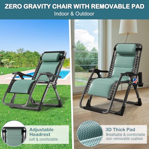 NAIZEA Padded Zero Gravity Chair, Cooling Fabric Folding Outdoor Lounge Chairs, Adjustable Reclining Camping Chairs with Cup Holder, Ergonomic Patio Lawn Chair for Balcony Beach Deck Yard - color: Ice Silk Green, style: Zero Gravity Chair 2 Pack