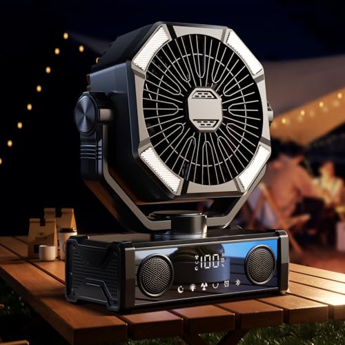 Portable fan rechargeable with 5.3 Bluetooth Speaker, 25000mAh Camping Fan with 5 Speed Touch Control & 3-Mode LED Light, Remote, USB/Type-C Ports, 1-8H Timer for Party, Travel, BBQ, Indoor, Outages - color: Black