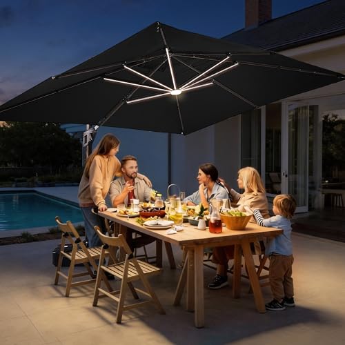 JZAC & QZYD 9x12 FT Outdoor Cantilever Patio Umbrella with Base Included and LED Lights, Large Heavy Duty 2-Tier Aluminum Offset Umbrellas with 360-Degree Rotation for Pool Deck, Black - color: Black, size: 9'×12' - Weighted Base Included