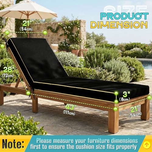 Outdoor Chaise Lounge Cushions 2 Pack, Patio Lounge Chair Pads with Removable Washable Cover, Quick Dry Foam Cushions for Pool, Lawn, Deck (2, Black（72X21X3in）) - color: Black（72x21x3in）