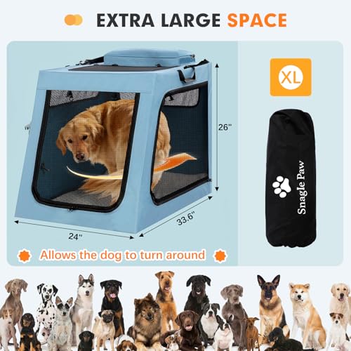 Snagle Paw Portable Dog Crate for Car Travel, Collapsible Large Dog Travel Crate with Metal Frame & 3-Door Mesh Windows, Secures in Trunk/Backseat, Soft-Sided Kennel Carrier for Medium Large Dogs-XL - size: 33.6"L x 24.0"W x 26.0"H