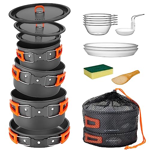 Odoland 15pcs Camping Cookware Non-Stick Lightweight Camping Pots and Pans Set with Kettle Plastic Plates Bowls Soup Spoon for Camping, Backpacking, Outdoor Cooking and Picnic - style: 15pcs W/ Pot