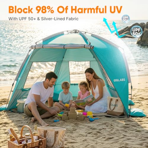 Golabs BT1 Pop up Beach Tent Sun Shelter for 3-Person, 1-Minute Setup by Pre-Attached Pole & UPF 50+, Beach Shade with Detachable Floor Mat, Mesh for Clear View & Airflow, only 7 lbs & Pocket and Hook - color: GREEN