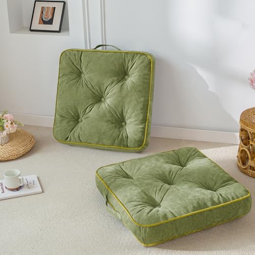 HIGOGOGO Large Floor Pillow Cushion for Adults, Meditation Cushion Pillow with Handle, Lustrous Chenille Tufted, Square Floor Sitting for Tatami Living Room or Yoga, 22x22 Inch, 2Pack, Green - color: Square Green, size: 4" Thick(pack of 2)