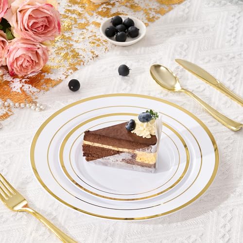 Fijinhom 200PCS Gold Plastic Plates, Disposable Plates with 100PCS 10" Dinner Plates & 100PCS 7" Dessert Plates for 100 Guests, Plastic Party Plates for Wedding, Birthday, Gold - color: Gold, size: 100 Guests-200pcs