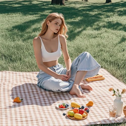 Wind Tour Waterproof Picnic Blanket with Carry Strap - Foldable Sandproof Outdoor Mat for Camping, Beach, Park - 59" x 71",Coffee Grid (Two Mat Set) - color: 59” X 71“,coffee Grid (Two Mat Set)