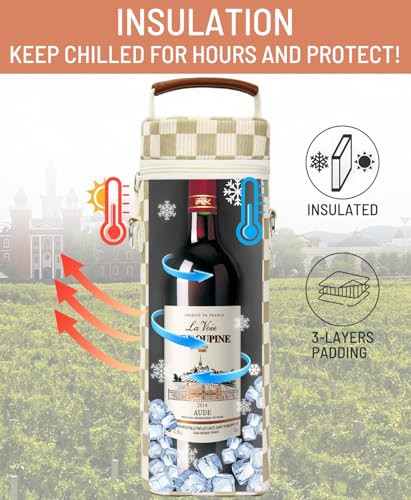 Insulated Wine Bag - Wine Bottle Carrier Tote Cooler Bags for Gifts Travel Picnic Beach, Khaki Checkered Pattern - 1 Bottle - color: Khaki Checkered Pattern, size: 1 Bottle
