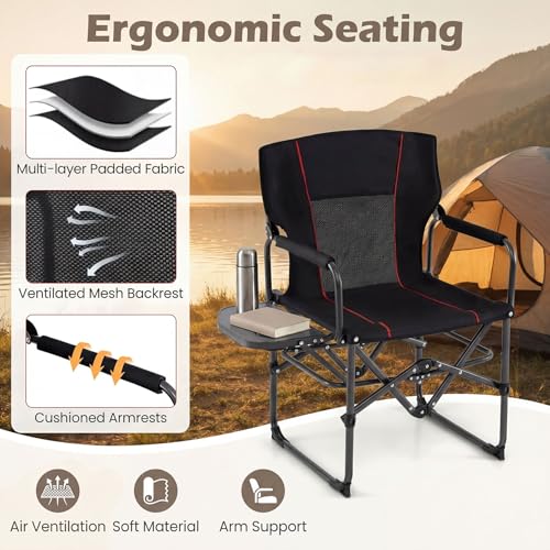GYMAX Oversized Camping Directors Chair, Portable Folding Camping Chairs for Adults with Table, Heavy-Duty Lawn Chair for Fishing, Picnic, Sports, Beach, Outdoor, Supports 500LBS (Black) - color: Black