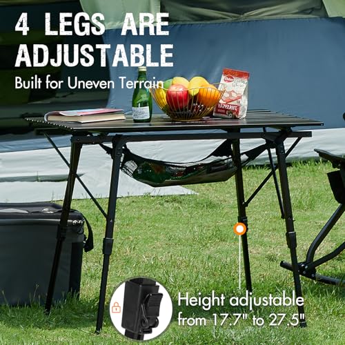 Portal Camping Table Foldable Portable with Adjustable Legs, Aluminum Folding Table Roll Up Table with Carrying Bag for Outdoor, Beach, Picnic, Backyards, BBQ and Party, Black - color: Black, size: Large-35.4"L x 20.9"W