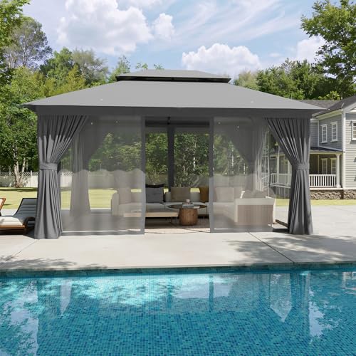 Aoxun Outdoor Gazebo for Patio 10x12, Metal Frame Canopy with Double Roofs, Heavy Duty Party Tent and Shelter with Mosquito Netting and Privacy Screen for Backyard, Lawn, Garden, Deck - color: Gray, size: 10 X 12