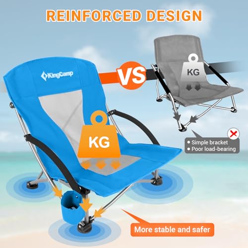 KingCamp Low Beach Chair, High Back Folding Camping Chair for Adults, Oversized Breathable Mesh Seat, 300lbs Heavy Duty Portable Chair with Cup Holder & Storage Pockets for Beach, Outdoor - color: Ergobreeze C Blue 2pcs