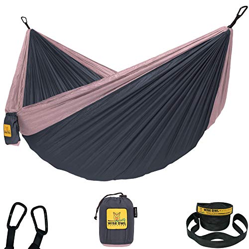 Wise Owl Outfitters Camping Hammock – 500lbs Portable Hammock with Tree Straps - Travel, Backpacking, Hiking, Outdoors Camping Gear - Single or Double - color: Charcoal & Rose, size: Single