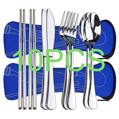 10PCS Portable Silverware Set with Case, Lengnoyp Travel Camping Utensils Set, Premium Stainless Steel Travel Cutlery Set, Reusable Safe Flatware Sets for Lunch Box/Workplace/Students, Silver - color: Thick 10 PCS