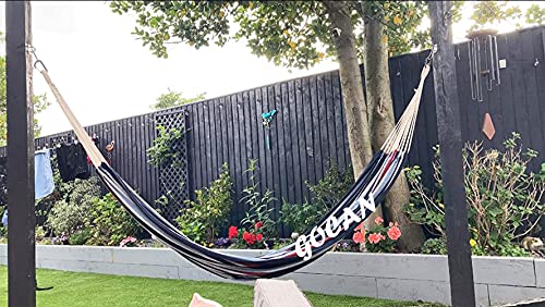GOCAN Brazilian Double Hammock 2 Person Extra Large 220x160cm Total Length 330cm Load 500lb Canvas Cotton Hammock for Patio Porch Garden Backyard Lounging Outdoor and Indoor(Dark Blue) - color: Dark Blue, size: XX-Large