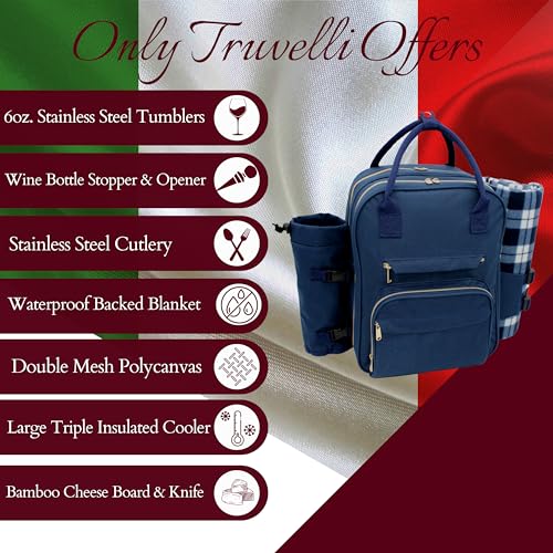 Truvelli Picnic Backpack for 2 with Blanket – 12-in-1 Insulated Picnic Basket Backpack Set with‬ Wine Holder, Cutlery & Cheese Board – Luxury Picnic Back Pack for Couples, Outdoor‬ Adventures, Blue - color: Blue