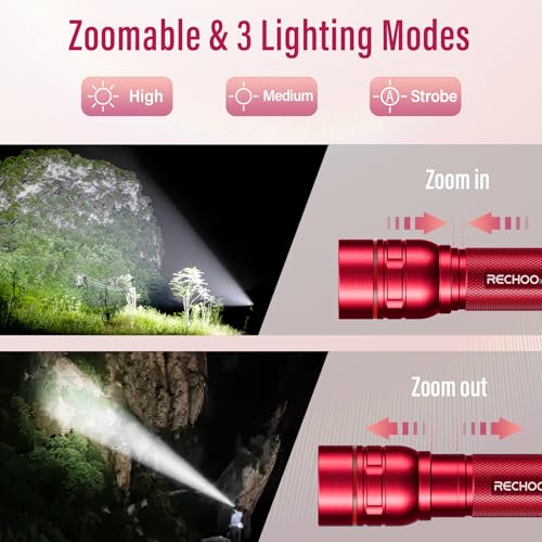 RECHOO Rechargeable Flashlights High Lumens, G1000 Super Bright Flash Light, Small Zoomable LED Flashlight with 3 Lighting Modes, Portable Tactical Flashlight, Gift for Women(Battery Included)-Red - color: Red, size: 1 Pack