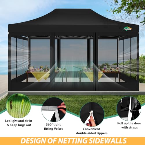 COBIZI 10x15 Heavy Duty Pop up Canopy with 4 Sidewalls, Canopy Tent with Mosquito Netting, Easy up Screen Party Tents for Parties Wedding Patio Backyard Commercial Gazebo with Handbag, Black - color: Black, size: 10x15ft(standard)