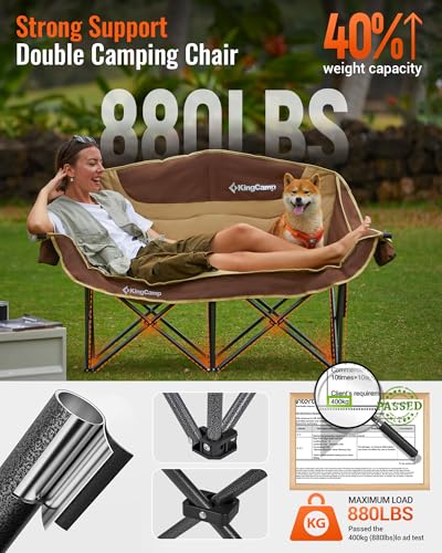 KingCamp Double Camping Chair, Oversized 880lbs Heavy Duty Loveseat for Adults Portable Folding XL 2 Person Couch Padded Comfortable Two Seat with Cup Holder for Outdoor Lawn Backyard, Khaki/Coffee - color: XL 2 Person Khaki/Coffee, size: Loveseat XL