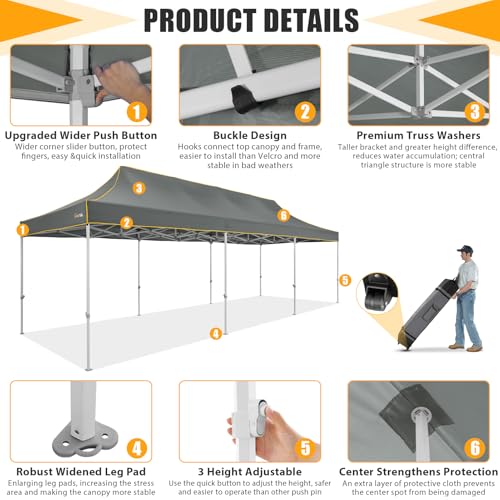 HOTEEL 10x30 Heavy Duty Pop Up Canopy Tent for Parties Event Wedding Commercial Instant Canopy with Wheeled Bag, Party Tent Waterproof UV 50+&Windproof, Upgraded Thick Hexagonal Legs, Gray - color: Gray, size: 10x30FT (No Walls)