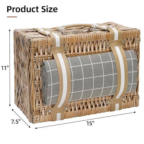 Wicker Picnic Basket for 2 - Willow Basket with Waterproof Picnic Blanket | Willow Picnic Set with Insulated Cooler | Wicker Hamper with Cutlery Kit | Gift Basket for Christmas, Thanks Giving, Grey - color: Grey Check