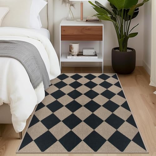 Rugalia Easy Jute Small Outdoor Patio Rug, 3x5 Black Checkered Entryway Rug Washable Modern Diamond Kitchen Rugs, Non-Slip Neutral Farmhouse Throw Carpet for Living Room Porch Backyard - color: Black Checkered, size: 3' x 5' (Rectangular)
