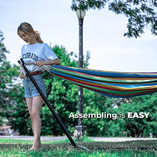 Backyard Expressions Double Camping Hammock with Steel Stand & Carrying Bag, Adjustable Height, Ultra Soft Cotton Blend, 550 lb Capacity, Indoor & Outdoor Portable Hammock - color: Canyon Sunset