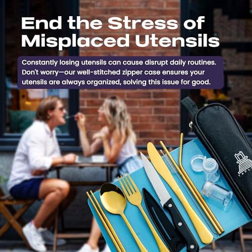 Taplord Portable Travel Silverware Set With Case, Includes 10 Pcs of Travel Utensils With Case, Stainless Steel Flatware Set For Camping, Lightweight (Gold) - color: Gold, size: 10 Pieces