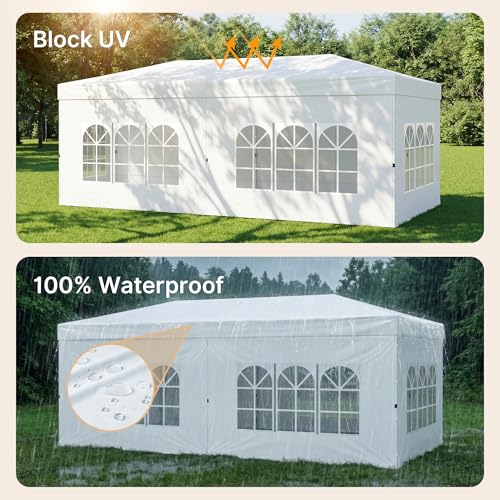 Bealife 10x20 Pop-Up Canopy Tent with 6 Removable Sidewalls, One Push Party Tent Outdoor Waterproof Canopy for Parties Commercial Wedding, 3-Height Adjustable Easy Set Up Gazebo, Carry Bag, (White) - color: White