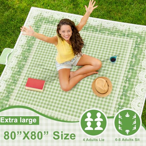 Qinyoung Bow Checkered Extra Large Picnic Blanket 79''x79'' Green Waterproof Foldable Blankets Sandproof Picnic Mat for Beach Spring Camping Grass Lawn Park Cute Couple Gifts Ideas Wedding Registry - color: Green, style: Bow Checkered