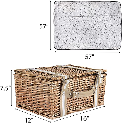 Willow Picnic Basket Set for 2 Persons with Large Insulated Cooler Bag and Waterproof Picnic Blanket, Wicker Picnic Hamper for Camping,Outdoor,Birthday - color: Beige Flower