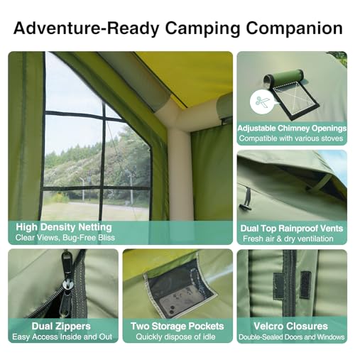 KNUO Inflatable Camping Tent, Large Blow-Up Air Tent, No Assembly Needed Luxury Glamping House, Oxford Fabric - color: Field Green-Dual-layer Doors, size: 10x7.2ft