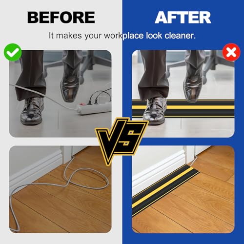 6.5Ft Cord Covers for Wires on Floor, 3-Channel Heavy Duty Floor Cord Cover with Anti-Slip Base & Yellow Warning Strips, Extension Cord Covers for Floor, Ideal for Home, Office, Outdoor Use - size: 6.5ft
