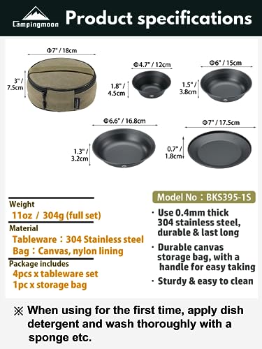 CAMPINGMOON Camping Tableware Set Stainless Steel Camping Plates Bowl Stackable Outdoor Dinnerware Canvas Carry Case Camping Hiking Picnic - color: Black (titanium oxide coating)