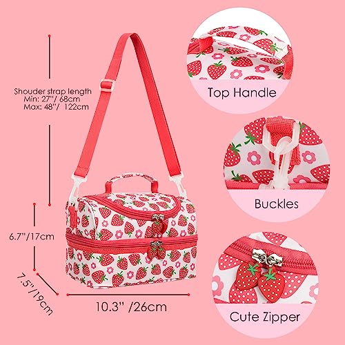 Insulated Kids Dual Compartment Lunch Bags Tote for Girls Boys Toddler Lunch Boxes Pre-School Toddler Kindergarten Picnic Camp Food Cooler Thermal with Strap (Bright Strawberry) - color: Bright Strawberry