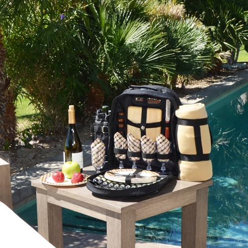 Picnic at Ascot Original Equipped 4 Person Picnic Backpack with Cooler, Insulated Wine Holder & Blanket - Designed & Assembled in USA - color: Black W/London Plaid