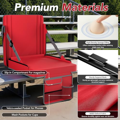 Stadium Seats with Back Support 1PACK Adjustable Bleacher Chairs with Back and Cushion Bleacher Seat with Cup Holder, Carry Handle & Shoulder Strap for Outdoor Sports Events, Picnics - color: Red-1pc-xl-large