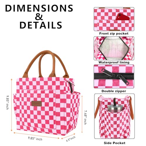 Joymee Lunch Bag Women Insulated Lunch Box Reusable Leakproof Large Spacious Cooler Tote for Women Men Adult with Bottle Holder and Side Pockets for Work Office Travel Picnic - Checker Pink - color: 04 Checker Pink