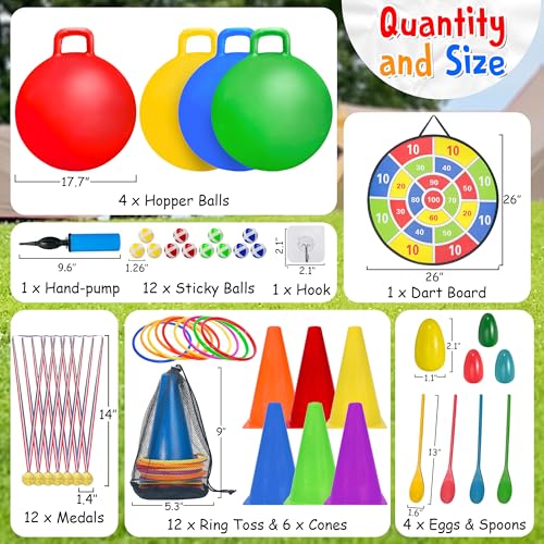 LINAYE Carnival Games Combo Set Outdoor Activities, Field Day Lawn Yard Family Reunion Fall Festival Games Hopper Balls Dart Board for Kids Ring Toss Egg and Spoon for Kids Birthday Party