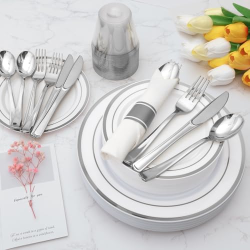 Goodluck 700 Piece Silver Plastic Dinnerware Set for 100 Guests, Disposable Plates for Party, Include: 100 Dinner Plates, 100 Dessert Plates, 100 Pre Rolled Napkins with Silverware, 100 Cups - color: Silver, style: 700 Piece (100 guests)