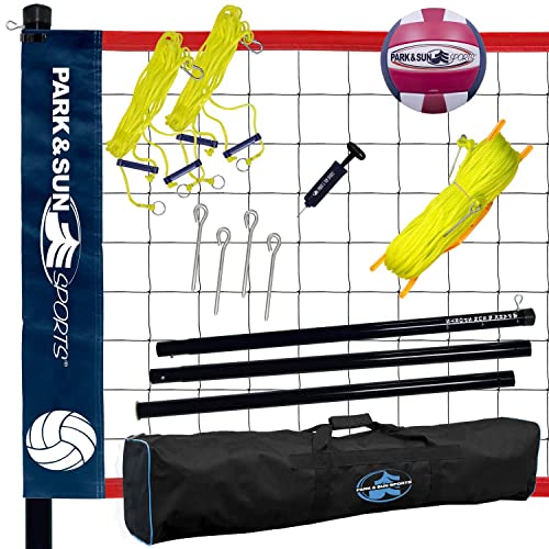 Park & Sun Spiker Sport Portable Outdoor Volleyball Net System – Blue Net, Regulation Size 32' L x 3' H, Adjustable Height, Lightweight, Includes Carrying Bag for Backyard and Beach Play - style: Spiker Sport SL