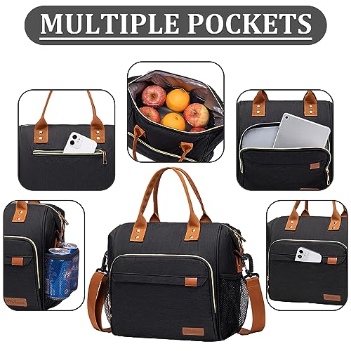 Black Lunch Box for Women Insulated Lunch Bag for Work - Adult Stylish Lunch Tote Bag for Shopping Soft Cooler for Beach Picnic Travel - color: A1: Black, size: Large